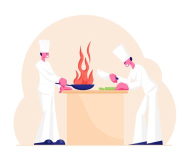 Beyaz Üniformalı Şef ve Yardımcı Aşçı Karakterleri ve Lokantadaki Toque Aşçılığı. Profesyonel Aşçılar Mutfakta Yemek Hazırlıyor, Sebzeleri Masada Dilimliyor, Yanan Pan. Çizgi film Düz Vektör İllüstrasyonu