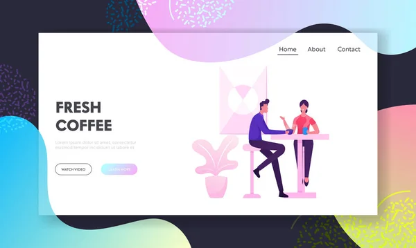 Pareja pasar tiempo juntos tener descanso o fin de semana Relájese en Café Página web Landing Page. Personas sentadas a la mesa en el café beber café, charlando Página Web Banner Dibujos animados plana Vector Ilustración — Archivo Imágenes Vectoriales