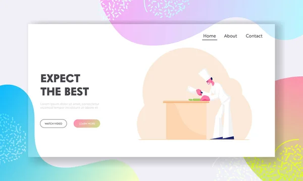 レストランのウェブサイトランディングページで料理を準備するプロの料理。白い制服の男シェフと料理のためのテーブルの上で野菜をスライストークウェブページ｜バナー.漫画フラットベクトルイラスト — ストックベクタ