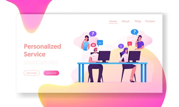 Operadores de linha direta ajudam os clientes a resolver problemas Página inicial do site. Sorrindo amigável Call Center Recepcionistas w Trabalhando no suporte Clientes Line Web Page Banner. Desenhos animados ilustração vetorial plana — Vetor de Stock