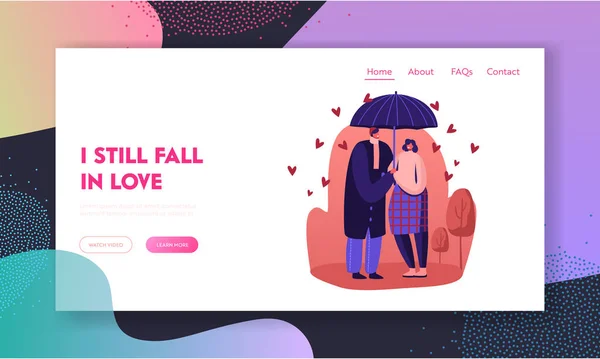 Loving Man and Woman Dating Outdoor site Happy Couple Hugging, Holding Hands and Walking under Umbrella in Rainy Autather Web Page Banner Cartoon Flat Vector Illustration — стоковий вектор