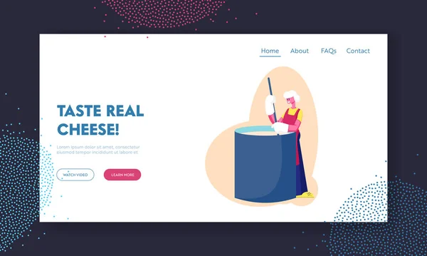 Fábrica de queso, Industria de producción lechera Página web de la planta Landing Page. Trabajador en bata estéril que mezcla la leche fresca en crema en la bandera moderna de la página web de la manufactura. Dibujos animados plana Vector Ilustración — Archivo Imágenes Vectoriales