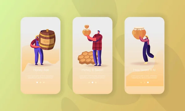 Beekeeping Industry Mobile App Page On board Screen Set. Beekeepers in Uniform holding Glass Jar and Barrel with Honey and Honeycombs Concept for Website or Web Page, Cartoon Flat Vector Illustration — Stockový vektor