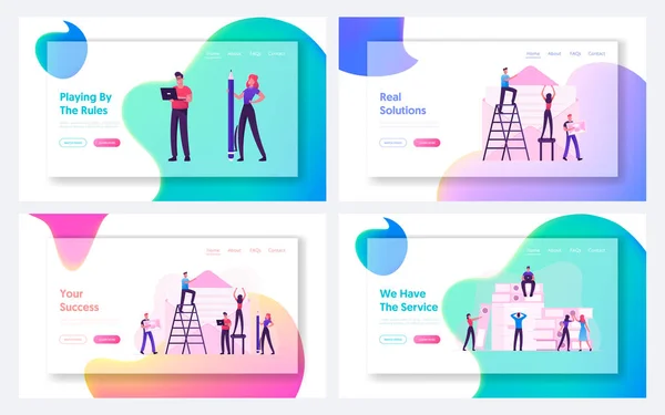 Ludzie Piszący Pocztę, Pracownicy biurowi Papiery Strona internetowa Landing Page Set. Postacie męskie i żeńskie Wyślij wiadomość, Pracuj z ogromną kupą dokumentów Baner strony internetowej. Ilustracja wektora płaskiego kreskówki — Wektor stockowy