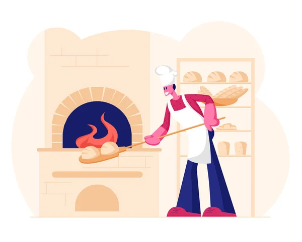 Young Man Baker draagt witte schort en toque zet rauw brood voor het bakken in Burning Oven op Restaurant of Bakehouse Kitchen. Handgemaakte gebak en deeg productie winkel. Cartoon Flat Vector Illustratie — Stockvector