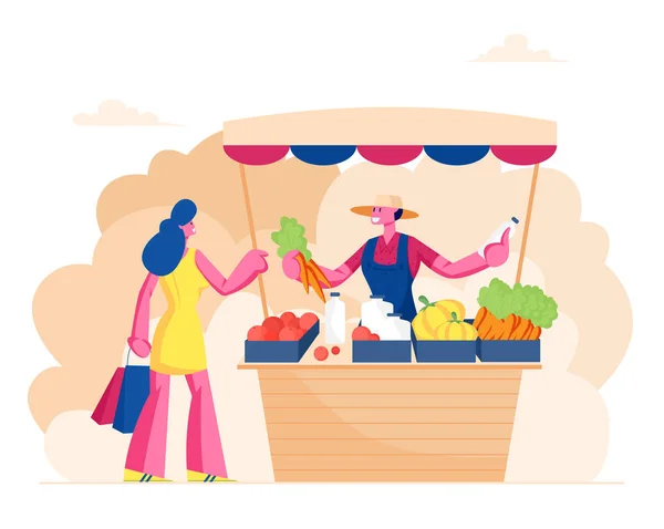 Farmer Sell Fresh Vegetables and Dairy Products to Woman Customer at Counter Desk. Outdoors Farm Market, Purchaser Character Buying Ecological Healthy Organic Food Cartoon Flat Vector Illustration — Stock Vector