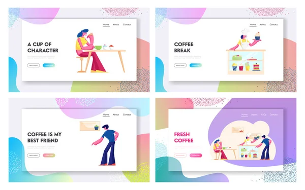 People Visiting Cafe, Hospitality Service Website Landing Page Set. Customers in Bakehouse Buying Sweets, Drinking Coffee and Enjoying Pastry at Table Web Page Banner. Cartoon Flat Vector Illustration — Stock vektor