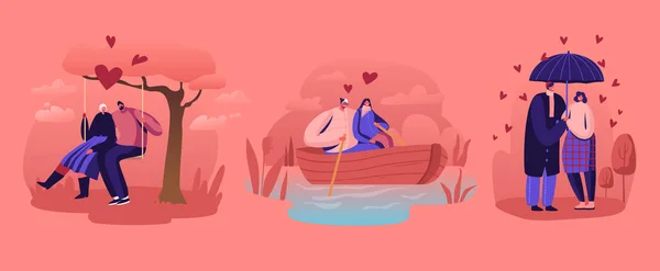 Loving Couples Relaties Set. Jongeren in de liefde tijd samen doorbrengen, Man en vrouw wandelen onder paraplu in regenachtig weer drijvend op de boot en paardrijden schommel in Park Cartoon Flat Vector Illustratie — Stockvector