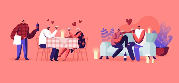 Набор любовных свиданий дома и в ресторане. Мужчина и женщина сидят за столом со свечами официант приносит вино, бойфренд и подружка на диване. Мультипликационный вектор Векторная Графика