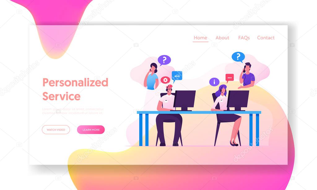 Hotline Operators Help Clients Solve Problems Website Landing Page. Smiling Friendly Call Center Receptionists w Working on Support Customers Line Web Page Banner. Cartoon Flat Vector Illustration