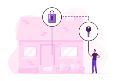 Wireless Connection üzerinden akıllı ev aletlerini kontrol etmek için akıllı telefon kullanan adam. Nesnelerin İnterneti, Güvenlik Sistemi Kontrol Kapıları ve Pencereleri Kilitleme Uygulaması. Çizgi film Düz Vektör İllüstrasyonu
