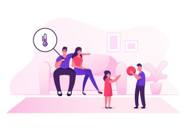 Modern Teknolojiler ve Akıllı Ev Konsepti. Mutlu Aile Evlerinde Zaman Geçirir. Baba Denetim Sıcaklığı Durumu Mobil Uygulama, Çocuklar Çizgi Film Düz Vektör İllüzyonunda Oynuyor