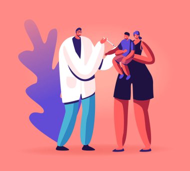 Genç dost canlısı doktor Anne Kollarına Oturan Bebeğe Hipodermik Enjeksiyon Yaptırdı. Hastalık Tedavisi, Sağlık Hizmetleri, Hastane Hastalığı Önleme, Hastalıklı Çocuk Bağışıklığı Çizgi Filmi Düz Vektör İlülasyonu