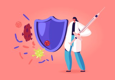Tıbbi Aşı Konsepti. Kadın Doktor Koruma Kalkanı ve Aşı Tozu Şırıngası Virüslerden Korunuyor. Hastalığın Tedavisi İçin İlaç Bağışıklık Sistemi Çizgi Filmi Düz Vektör İllüstrasyonu