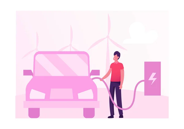 Conceito de transporte ecológico. Carro elétrico de carregamento do homem no fundo com moinhos de vento para a produção de energia verde. Proteção Ambiental, Sustentabilidade Ecológica, Ar Limpo. Desenhos animados ilustração vetorial plana — Vetor de Stock