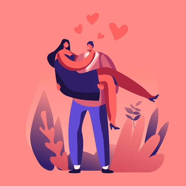 Amare Coppia Relazioni Romantiche. Man Holding Woman on Hands with Red Hearts in giro. Buon San Valentino degli Amanti Incontri, Stile di vita. Sentimenti d'amore, emozioni romantiche. Illustrazione del vettore piatto del fumetto — Vettoriale Stock