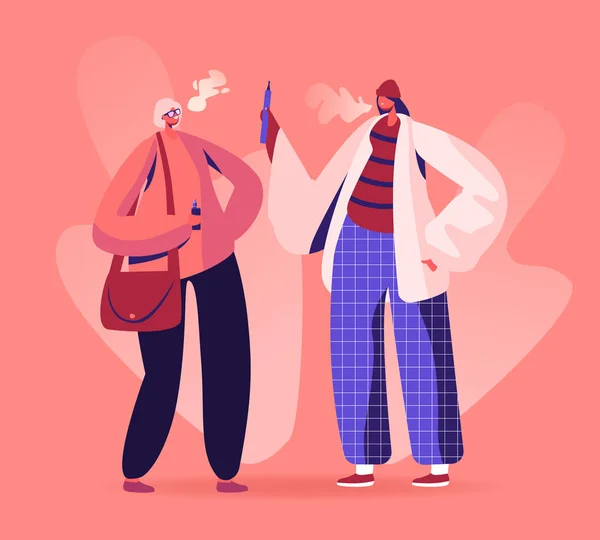 Beberapa Girl Friends Stand Face to Face Communicate and Smoking Vapes (dalam bahasa Inggris). Remaja Gaya Hidup, Gaya Muda. Hipster Women in Stylish Clothing Vaping in Bar or Street (dalam bahasa Inggris). Ilustrasi Vektor Flat Kartun - Stok Vektor