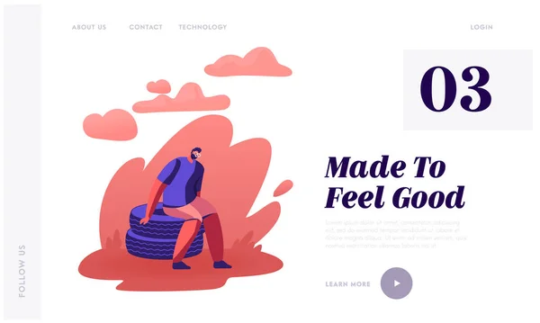 Creatief idee voor het gebruik van Car Wheels Website Landing Page. Oude banden gerecycled en hergebruikt om tuinstoelen te creëren. Man zitten op gestapelde banden in Home Yard Web Page Banner. Cartoon Flat Vector Illustratie — Stockvector