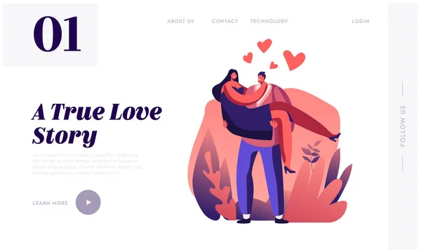 Love Feelings, Romance Emotions Website Landing Page. Man Holding Woman on Hands with Red Hearts around. Happy Lovers Valentines Day Dating, Lifestyle Web Page Banner. Cartoon Flat Vector Illustration