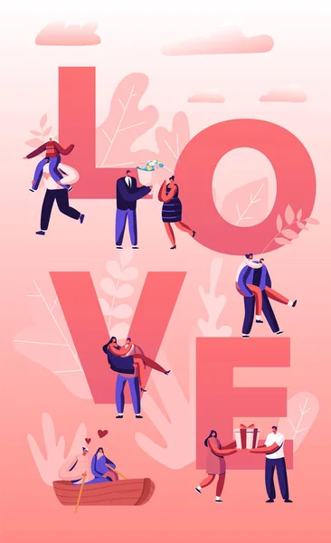 People in Love Concept. Happy Couples in Relations Walking, Having Fun Together, Floating on Boat, Giving Gifts to Each Other. Romance Poster Banner Flyer Brochure. Cartoon Flat Vector Illustration