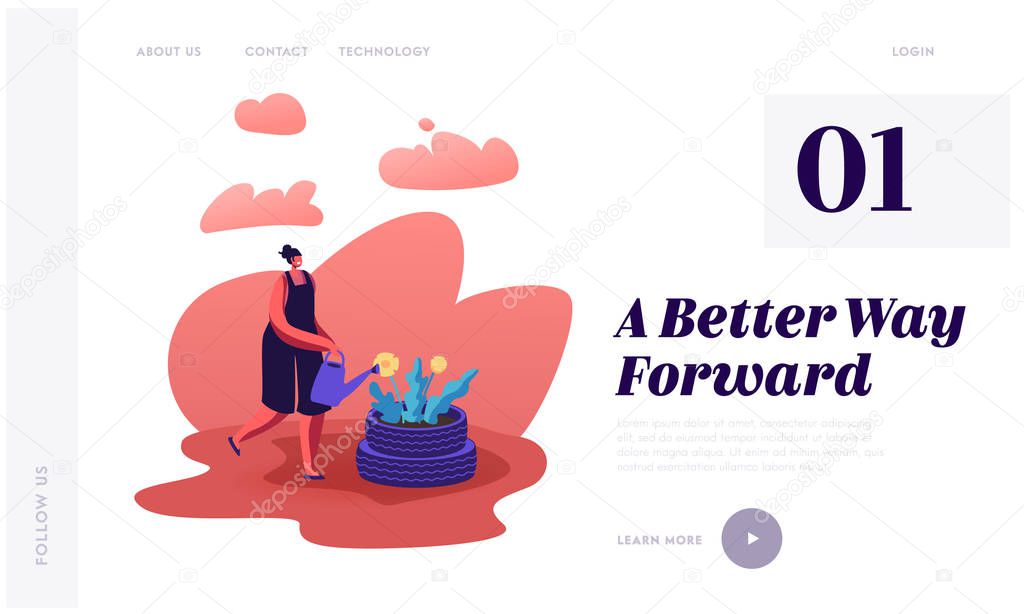 Gardening, Nature Protection Website Landing Page. Woman Watering Flower Planted into Old Used Tyres on Street. People Reuse Tires to Reduce Pollution Web Page Banner. Cartoon Flat Vector Illustration