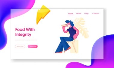 Fast food Restoranı 'nı Ziyaret Eden Genç Kadın İniş Sayfası. Fast Food Cafe 'de oturan ve Hotdog yiyen kadın karakter. Yemek molası web sayfası afişi. Çizgi film Düz Vektör İllüstrasyonu