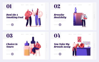 Vaping Web Sitesi İniş Sayfası Ayarları. Erkek ve Kadın Karakterler Vampirleri Sigara İçenler Barda ve Özel Dükkanlarda Sigara İçenler. Kötü alışkanlık, Bağımlılık Web Sayfası Afişi. Çizgi film Düz Vektör İllüstrasyonu