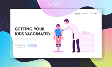 Çocuk Aşılama, Bağışıklık Prosedürü Web Sitesi İniş Sayfası. Doktor Çocuğa İğne Yaptı. Sandalyede oturan çocuk, Medic Shoot Medicine in Shoulder Web Page Banner. Çizgi film Düz Vektör İllüstrasyonu