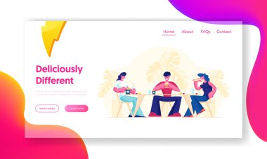Fastfood Cafe 'de Arkadaşlarla Buluşma ya da Bar Web Sitesi İniş Sayfası. Modern Restoranda Yemek Yiyen Genç İnsanlar Şirketi Fast Food yiyor, Web Sayfası Afişi İletişim Kuruyor. Çizgi film Düz Vektör İllüstrasyonu
