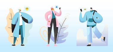 Smm Kavramı. Sosyal Ağlarda Sohbet Eden Genç İnsanlar Karakterleri. Erkek ve Kadın Etrafında Sosyal Medya Simgeleri ile Akıllı Telefonlar olarak Mobil Cihazlar ile Online İletişim. Karikatür Düz Vektör İllüstrasyon