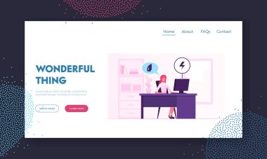 Akıllı Ev Aygıtları İnternet Sitesi İniş Sayfasının Kablosuz Kontrolü. Ofiste oturan iş kadını internet üzerinden Demir hakkında uyarı almak web sitesinin ana sayfasında kapalı değildir. Çizgi film Düz Vektör İllüstrasyonu