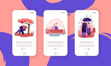Sevgi İlişkileri Mobil Uygulama Sayfası Ekran Ayarları. Çift Şemsiye Altında Birlikte Yürüyerek, Yüzen Tekne ve Swing Konsepti Web sitesi veya Web Sayfası İçin, Çizgi Film Düz Vektör İllüzyonu Altında Birlikte Zaman Geçirir