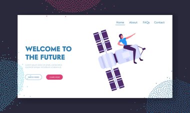 Kablosuz Cep Telefonu ve GPS Bağlantı Hizmetleri Web Sitesi İniş Sayfası Kullananlar. Uyduda oturan Kadın El Teknolojisi Gelişimi Web Sayfası Afişi ile İşaret Ediyor. Çizgi film Düz Vektör İllüstrasyonu