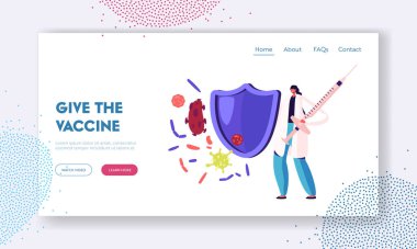 Tıbbi Aşılama, Sağlık Bakımı Bağışıklık Sistemi İniş Sayfası. Doktor Holding Shield ve Aşı Şırıngası Virüsleri Virüslerden Koruma Sayfa Afişi. Çizgi film Düz Vektör İllüstrasyonu