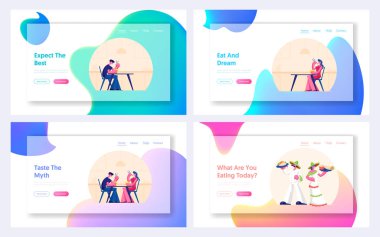 İnsanlar Cafe Web Sitesi İniş Sayfası Seti 'ni ziyaret ediyor. Erkek ve Kadın Karakterler Restoran Sohbetinde Asya ve Meksika Yemeği Yiyip Hafta sonu Web Sayfasında Zaman Geçiriyorlar. Çizgi film Düz Vektör İllüstrasyonu