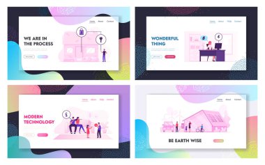 Smart House Teknoloji Sistemi Web Sitesi İniş Sayfası Seti. Insanlar Ana Web Sayfasında Merkezi Isıtma, Güvenlik ve Elektrik Kontrolü İçin Mobil Uygulama Kullanıyorlar. Çizgi film Düz Vektör İllüstrasyonu