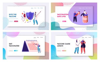 Hastalık önleme, bağışıklık. Web sitesi İniş Sayfası Set. Influenza ve diğer hastalıklar ve virüslerden aşı olan insanlar. Aşılama Prosedürü Web Sayfası Çizgi Film Düz Vektör İllüstrasyonu