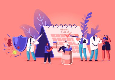 2020 Mark 'lı Dev Takvim' in yanında Aşı Bekleyen İnsanlar. Hastalıklardan korunma ve bağışıklık kazanma aşısı fikri. Doktor Çocuğa İğne Yaptı. Çizgi film Düz Vektör İllüstrasyonu