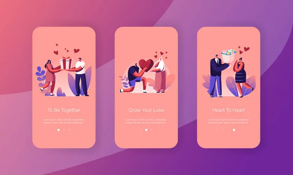 Relações humanas, casal amoroso dando presentes Mobile App Page Onboard Screen Set. Man Presenting to Woman Heart, Bouquet and Giftbox Concept for Website or Web Page, Cartoon Flat Vector Illustration — Vetor de Stock