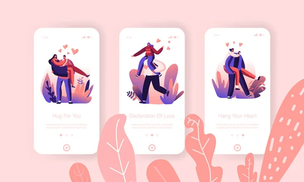 Loving Hearts Togetherness, Emotion Connection Mobile App Page Onboard Screen Set Man Holding Woman on Hands, Express Love and Care Concept for Website or Web Page Cartoon Flat Vector Illustration — стоковий вектор