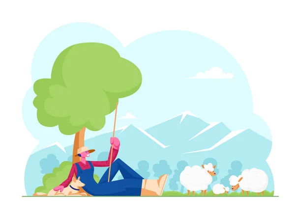 Young Man in Chaff Hat and Blue Overalls Holding Long Stick Sitting with Dog under Tree Grazing Sheep. Shepherd Male Character, Villager or Farmer Working Outdoors. Cartoon Flat Vector Illustration Vector Graphics