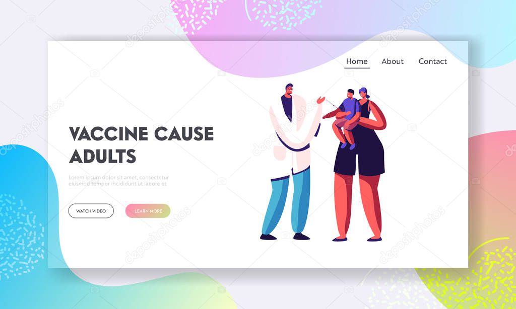Child Vaccination and Immunization Website Landing Page. Friendly Doctor Put Hypodermic Injection to Baby Sitting on Mother Arms. Illness Prevention Web Page Banner. Cartoon Flat Vector Illustration