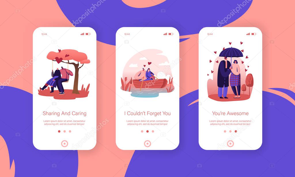 Loving Relations Mobile App Page Onboard Screen Set. Couple Spend Time Together Walking under Umbrella, Floating Boat and Riding Swing Concept for Website or Web Page, Cartoon Flat Vector Illustration