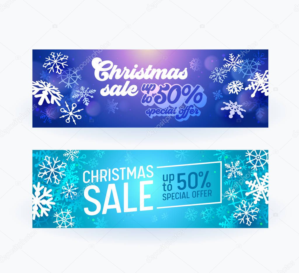 Christmas Sale Banner Set. Xmas Design with Snowflaskes. Winter Holidays Discount Brochure Template for Web, Flyer