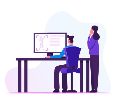 Erkek ve Kadın Geliştiriciler Bilgisayar Ekranında Yaradılış Süreci Kadın Prototipi ile Bakıyorlar. Endüstriyel Tasarımcılar Bilim Laboratuvarı Çizgi Filmi Düz Vektör İllüzyonunda 3d Yazıcı Testi Yapıyor