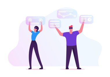 Sanal Güçlendirilmiş Gerçeklik Konsepti. VR Gözlüklü Karakterler Çalışmak ve Çalışmak İçin İnteraktif Arayüze Dokunuyor. Fütüristik Eğitim Eğitmeni Öğrenme. Çizgi film Düz Vektör İllüstrasyonu