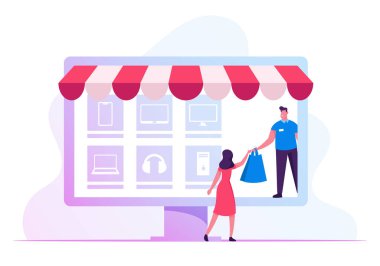 Mal Simgeli Dev Dizüstü Bilgisayar Ekranı 'nda Duran Alıcı Kadın' a Paket Veren Satıcı veya Teslimat Kuryesi. Alışveriş için Çevrimiçi Uygulama, Dijital E-Ticaret Satış Çizgi Filmi Düz Vektör İllüstrasyonu