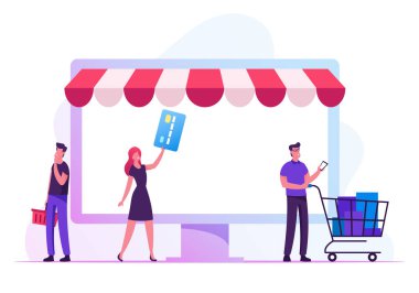 İnsanlar, Nakitsiz Ödemeler Kullanarak Bir şeyler Almak ve Sunmak için Cep Telefonları, Bilgisayarlar ve diğer Gadget 'larla Etkileşim halinde. Çevrimiçi Erkek ve Kadın Alışveriş, E-Ticaret Çizgi Filmi Düz Vektör İllüstrasyonu