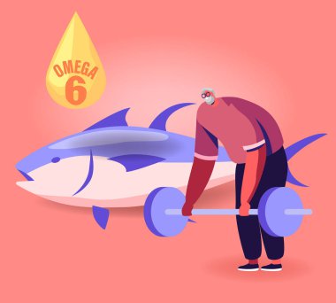 Neşeli Yakışıklı Yaşlı Adam Halteri Kaldırıyor ve Omega 6 Yağlarını Uygulayarak Spor Aktivitesine Başlıyor. Yüksek Enerji Gücü ve Yaşlılığı Olan İnsan. Sağlıklı Beslenme Çizgi Filmi Düz Vektör İllüstrasyonu