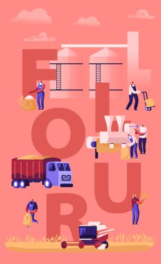 Un Üretim Konsepti. Buğday Üretim İşlemi, Ekmek Endüstrisi. Büyüyen, biçen ve toplayan insanlar tahıl hasatı, tarım afişi broşürü. Çizgi film Düz Vektör İllüstrasyonu